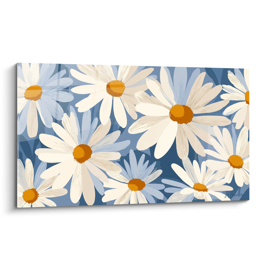 Tableau Marguerites blanches et bleu ardoise aux cœurs ambrés - Silhouettes en ombre portée - Edition Marguerite
