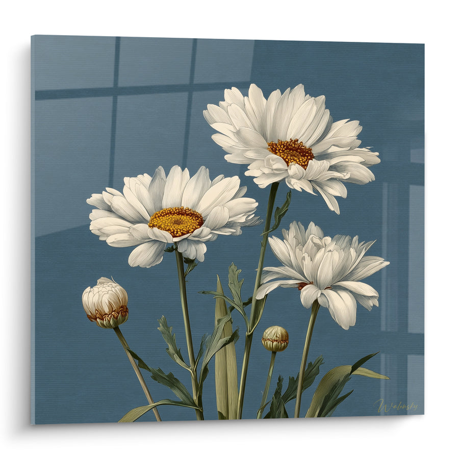 Tableau Marguerites blanches et ocre à ombres géométriques - Reflets de fenêtre - Edition Marguerite