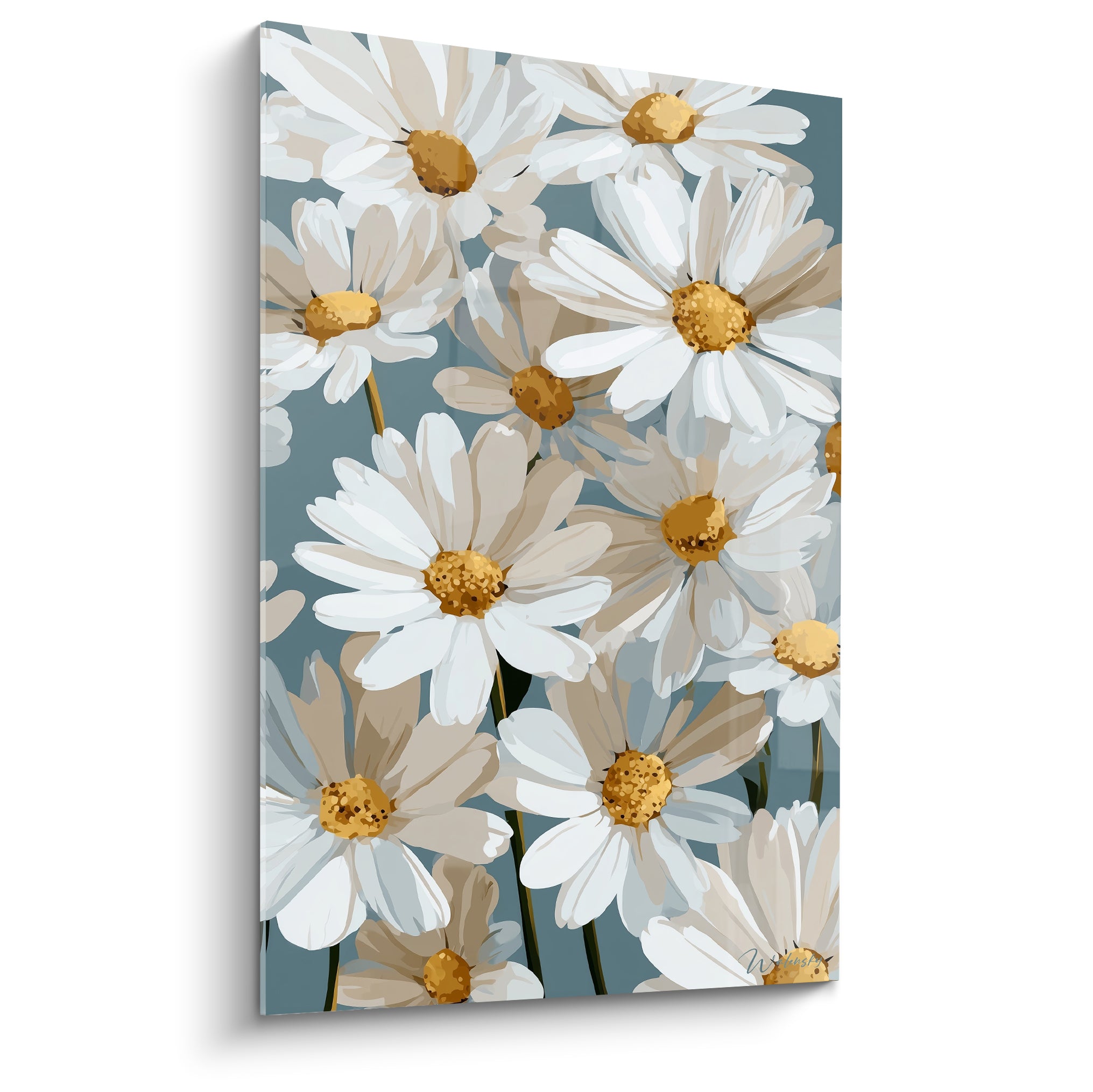 Marguerites blanches aux cœurs dorés sur fond bleu sarcelle, composition florale peinte en gros plan