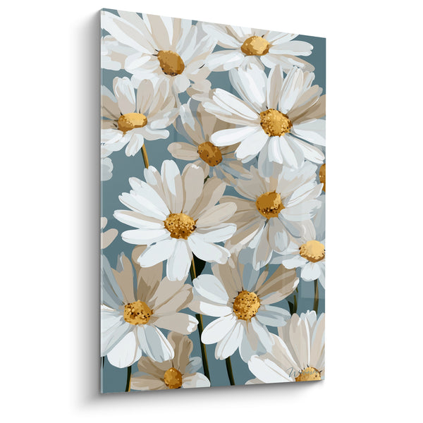 White Daisies and Grey Blue Painting with Visible Fine Stems - Close-up - Marguerite Edition