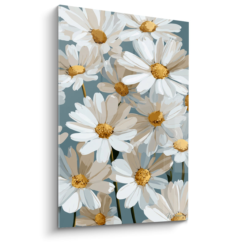Tableau Marguerites blanches et bleu gris aux tiges fines visibles - Vue rapprochée serrée - Edition Marguerite