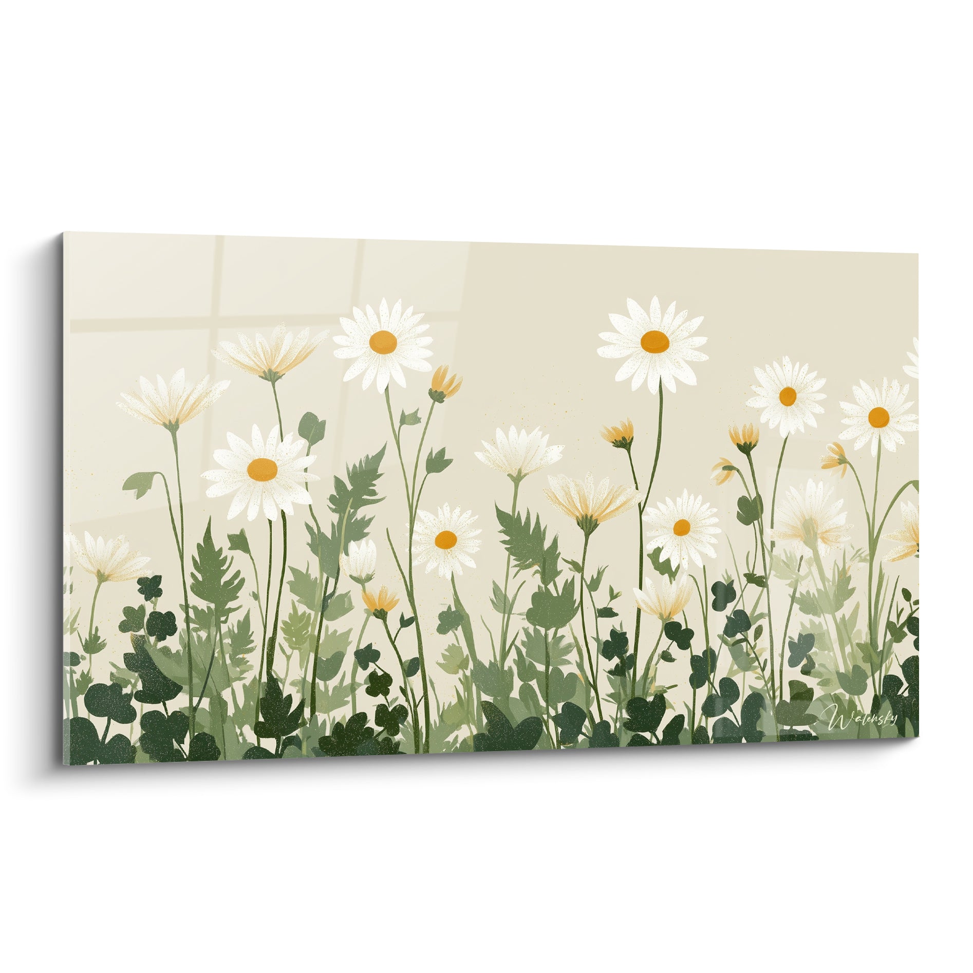Marguerites blanches aux cœurs orangés sur fond crème, feuillage vert sauge dense au premier plan