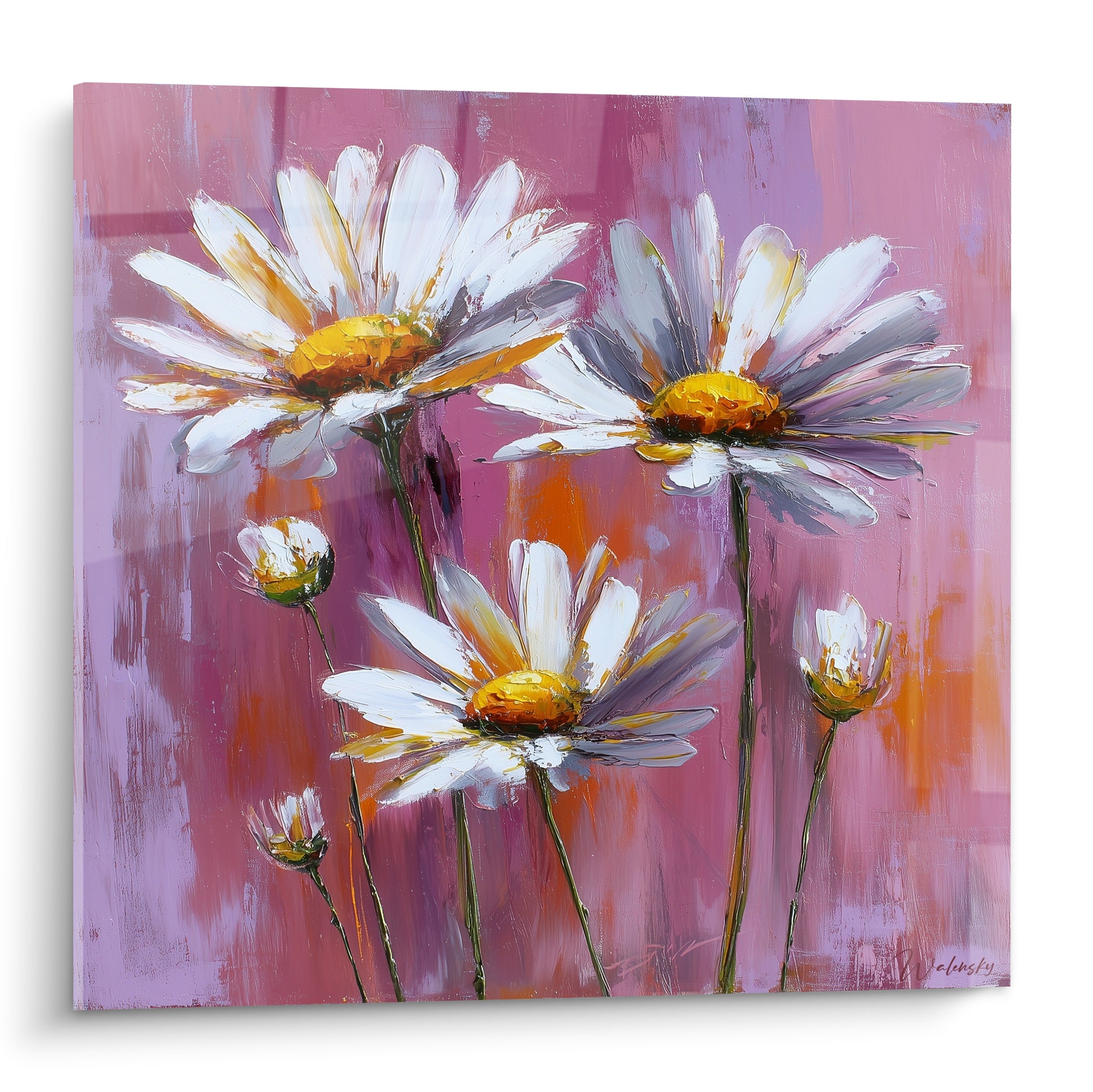 Marguerite blanche aux pétales texturés et cœur doré sur fond rose fuchsia et mauve peint au couteau