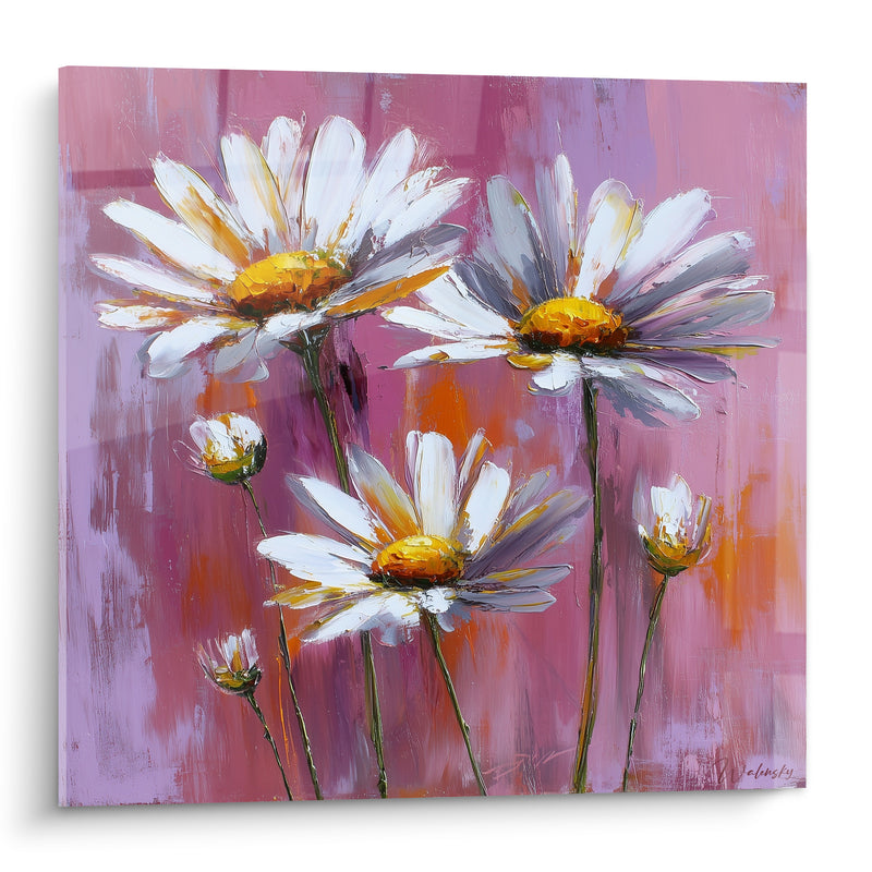 Tableau Marguerites blanches et roses aux tiges fines élancées - Boutons non éclos - Edition Marguerite