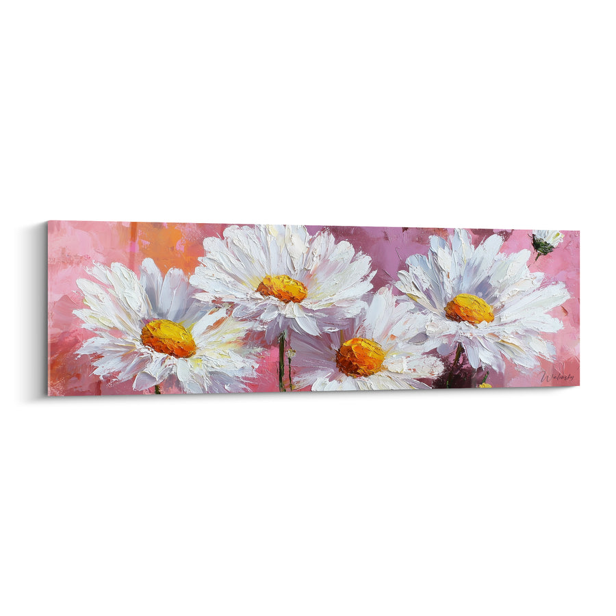 Tableau Marguerites blanches et roses aux pétales spatulés - Quatuor floral incliné - Edition Marguerite