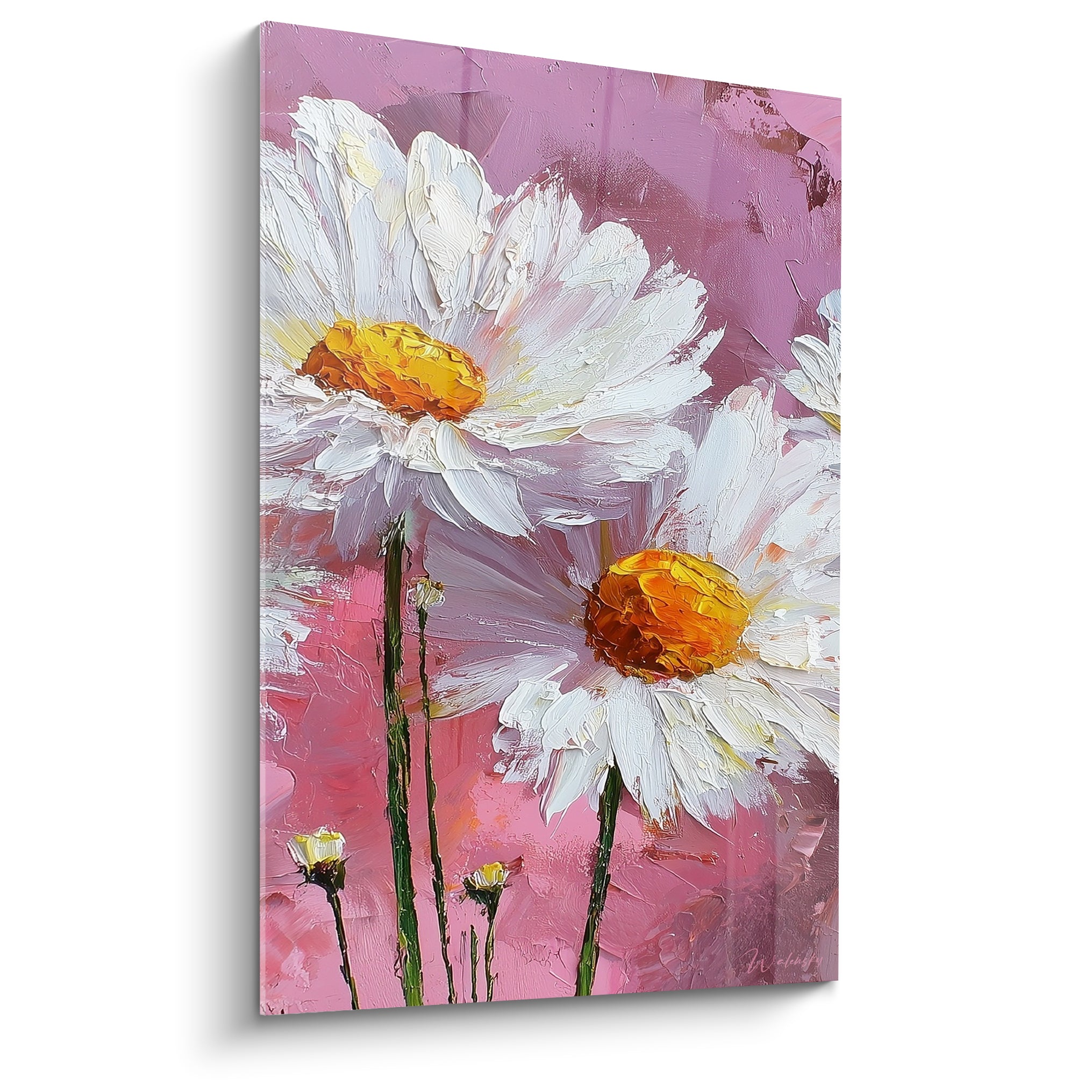 Marguerites blanches aux cœurs orangés peintes en relief sur fond rose texturé et vif