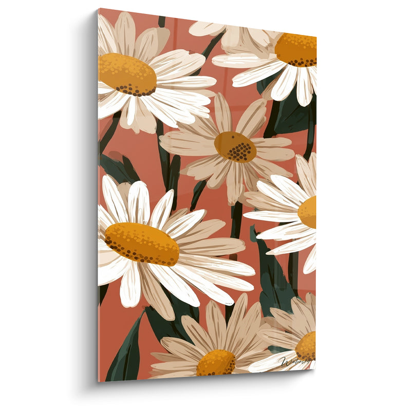 Tableau Marguerites blanches et ocre sur fond corail - Feuilles vert sombre allongées - Edition Marguerite
