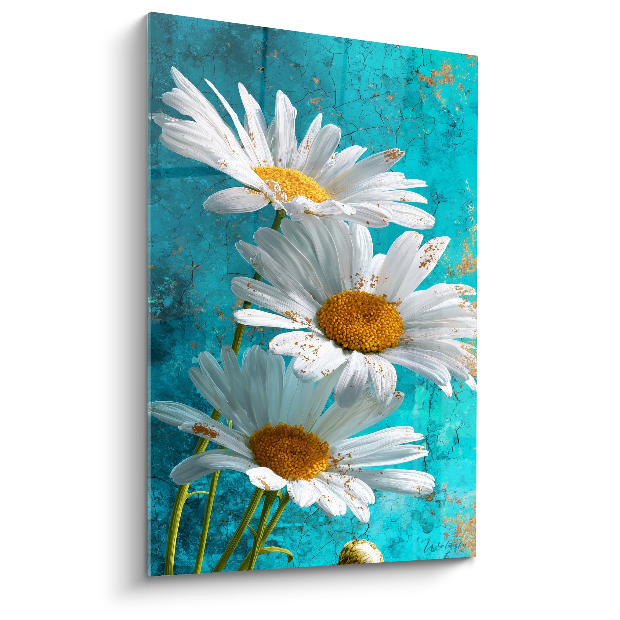 Marguerites blanches aux cœurs dorés se déploient sur un fond turquoise craquelé et texturé