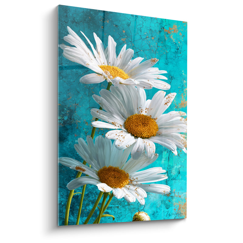 Tableau Marguerites blanches et turquoise aux tiges vert olive - Fond patiné lézardé - Edition Marguerite