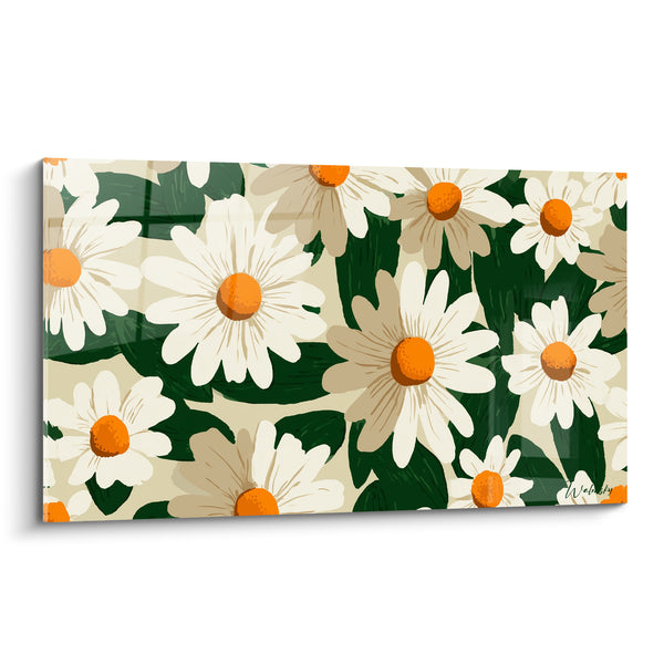 White and Green Daisies with Dark Wide Leaves Painting - Illustrated Floral Composition - Marguerite Edition