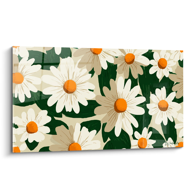Tableau Marguerites blanches et vertes aux feuilles sombres larges - Composition florale illustrée - Edition Marguerite
