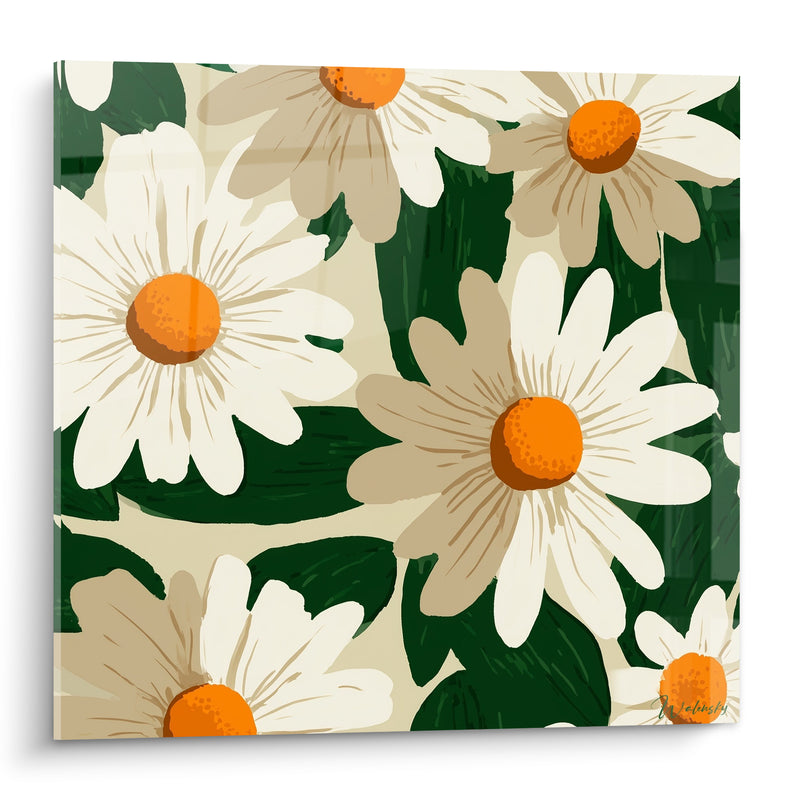 Tableau Marguerites blanches et vertes aux pétales beiges superposés - Grandes fleurs serrées - Edition Marguerite