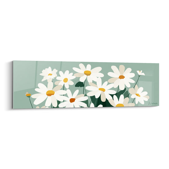 Marguerites blanches aux cœurs dorés sur fond vert sauge, style illustratif épuré