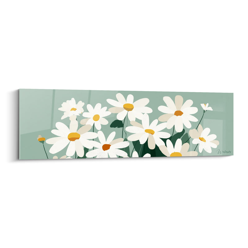 Tableau Marguerites blanches et vertes en rangée horizontale - Feuilles sombres en arrière-plan - Edition Marguerite