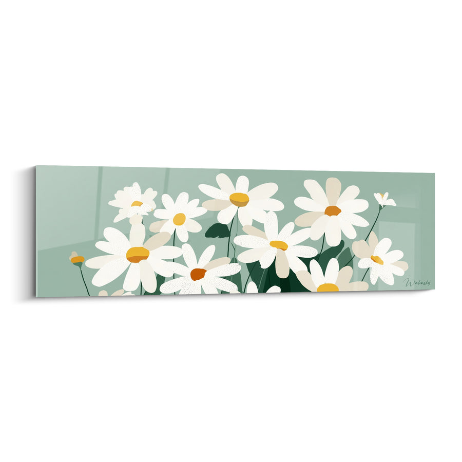 Tableau Marguerites blanches et vertes en rangée horizontale - Feuilles sombres en arrière-plan - Edition Marguerite