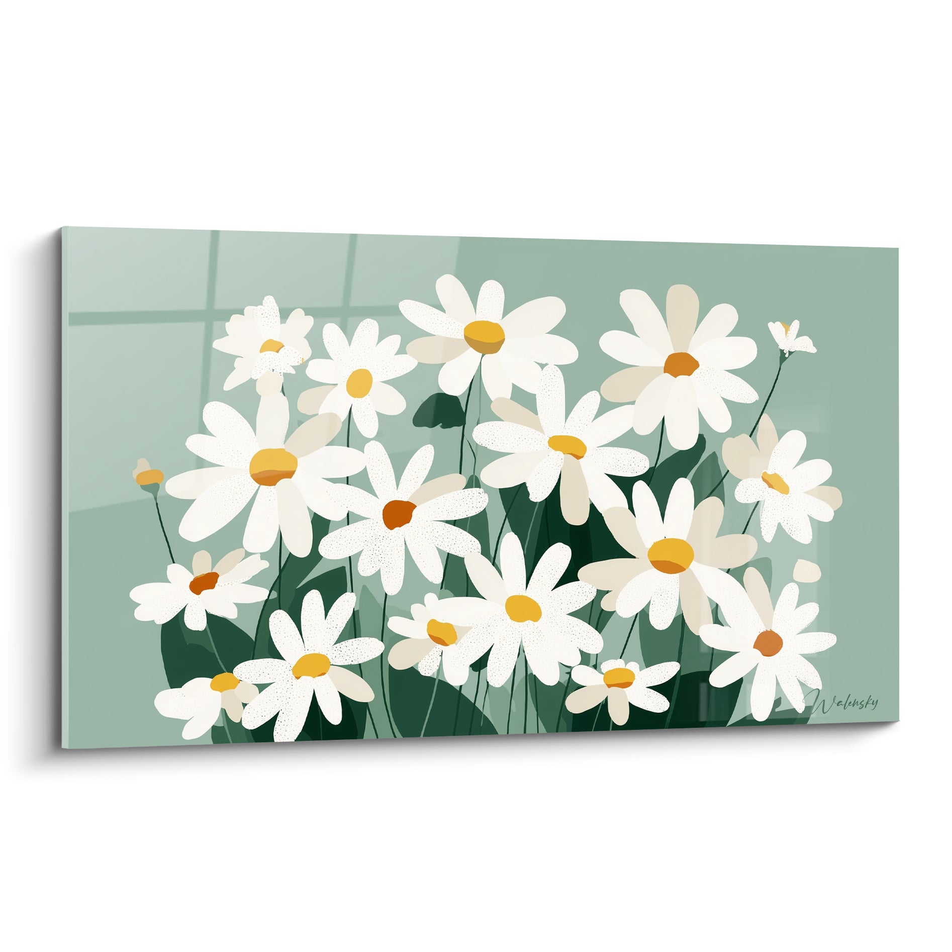 Marguerites blanches aux cœurs jaunes et ocre sur fond vert sauge, style graphique moderne