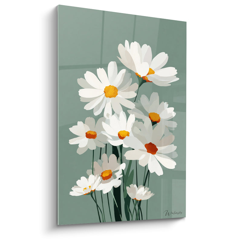 Tableau Marguerites blanches et vertes aux cœurs orangés superposés - Bouquet sur fond sauge - Edition Marguerite