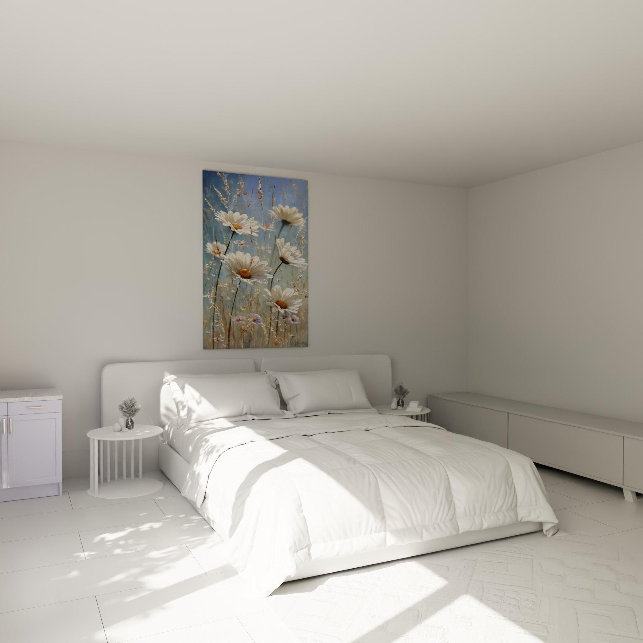 Marguerites blanches et bleu pastel au-dessus d'un lit dans une chambre claire