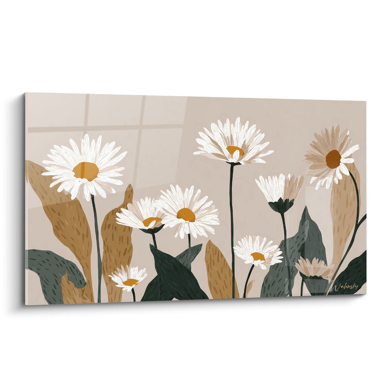 Tableau Marguerites blanches aux feuilles ocre et anthracite - Champ paisible - Edition Marguerite