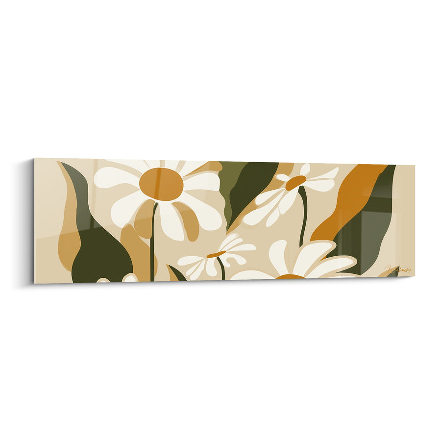 Tableau Marguerites blanches et vertes aux grandes feuilles courbées - Cœurs ambrés serrés - Edition Marguerite