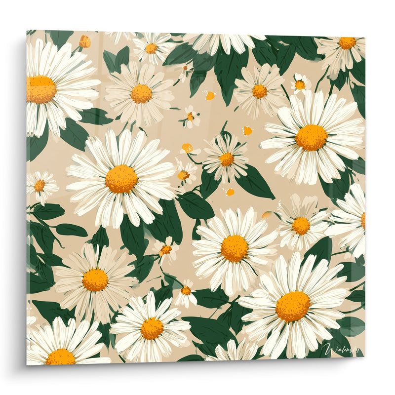 Tableau Marguerites blanches et vertes aux feuilles denses entrelacées - Fond beige sablé - Edition Marguerite