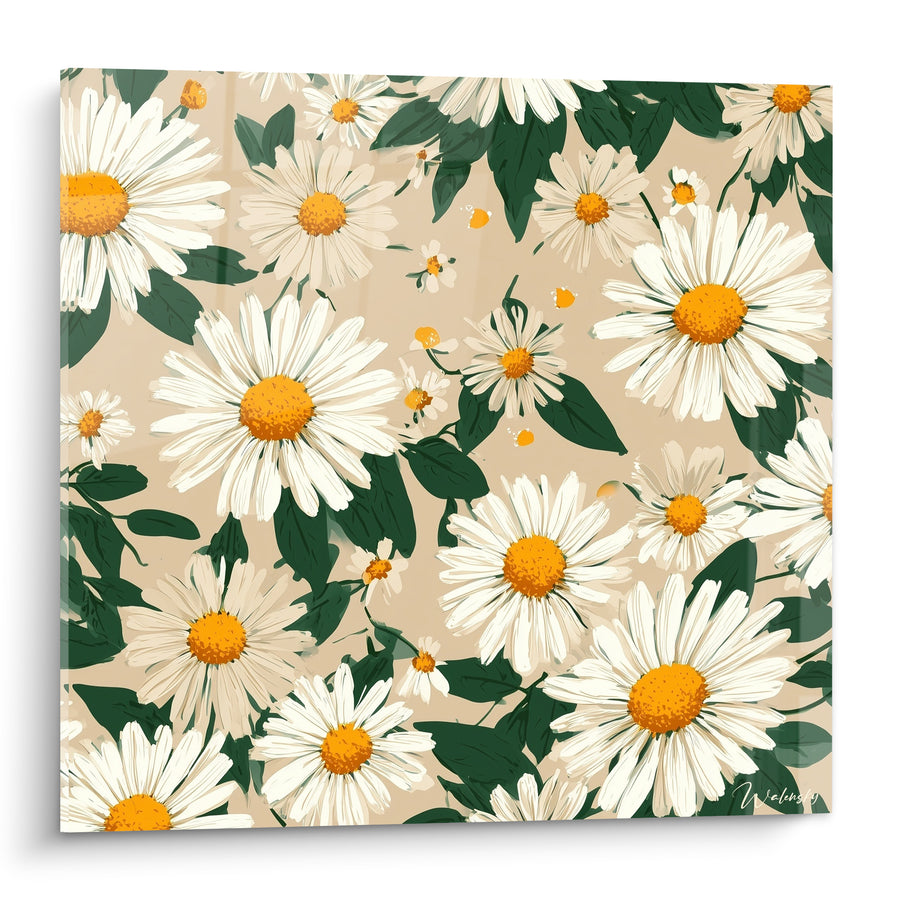 Tableau Marguerites blanches et vertes aux feuilles denses entrelacées - Fond beige sablé - Edition Marguerite