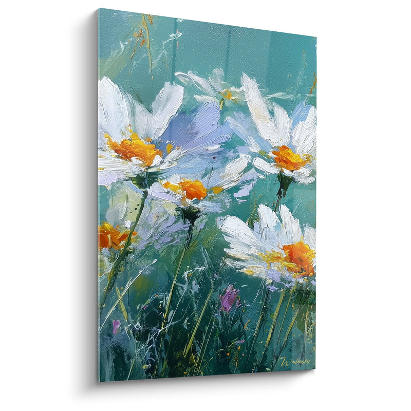 Tableau Marguerites blanches et turquoise aux tiges élancées - Herbes fines penchées - Edition Marguerite