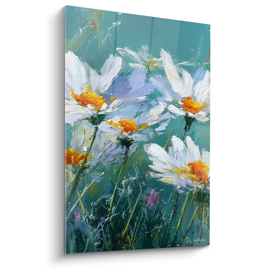 Tableau Marguerites blanches et turquoise aux tiges élancées - Herbes fines penchées - Edition Marguerite