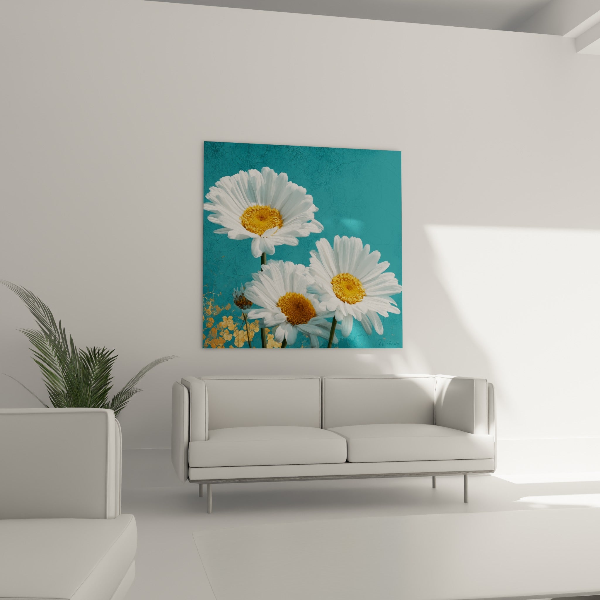 Trois marguerites blanches et fond turquoise patiné au-dessus d'un canapé dans un salon lumineux