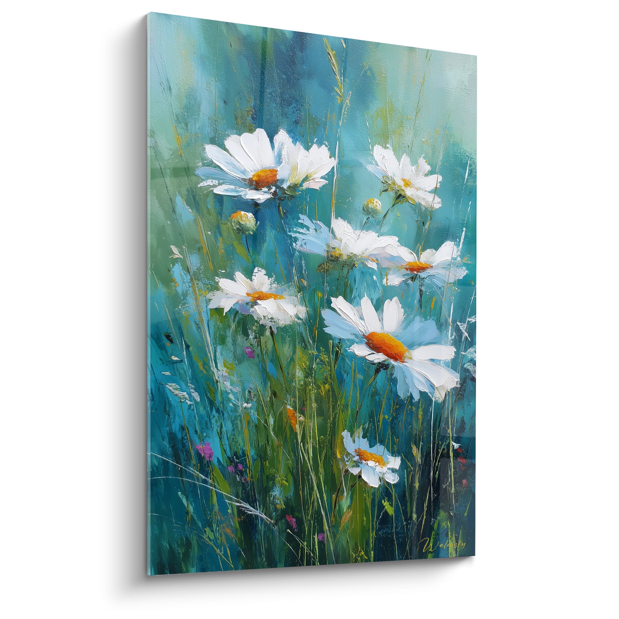 Marguerites blanches aux cœurs orangés peintes au couteau sur fond turquoise et vert profond