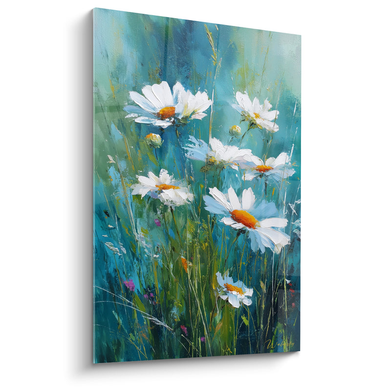 Tableau Marguerites blanches et cœurs orangés sur fond turquoise - Souffle champêtre - Edition Marguerite