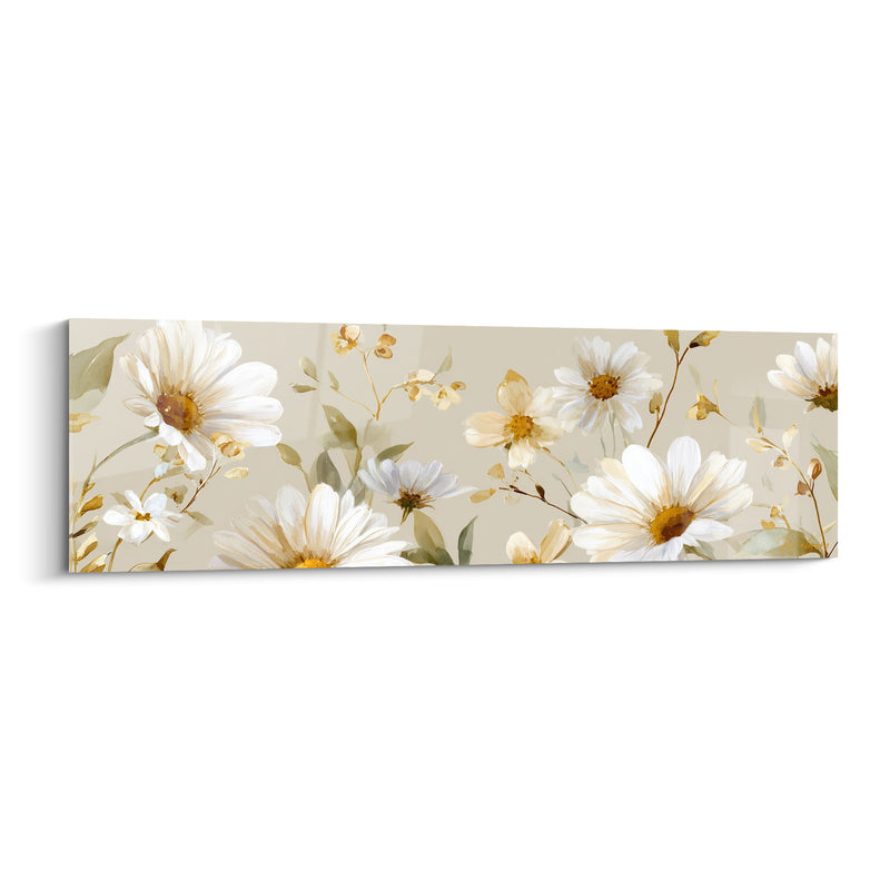 Tableau Marguerites blanches et beige aux petites baies dorées éparses - Brindilles fines dispersées - Edition Marguerite