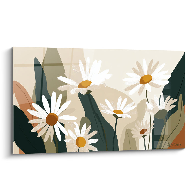 Tableau Marguerites blanches et vertes aux grandes feuilles superposées - Fond crème beige - Edition Marguerite