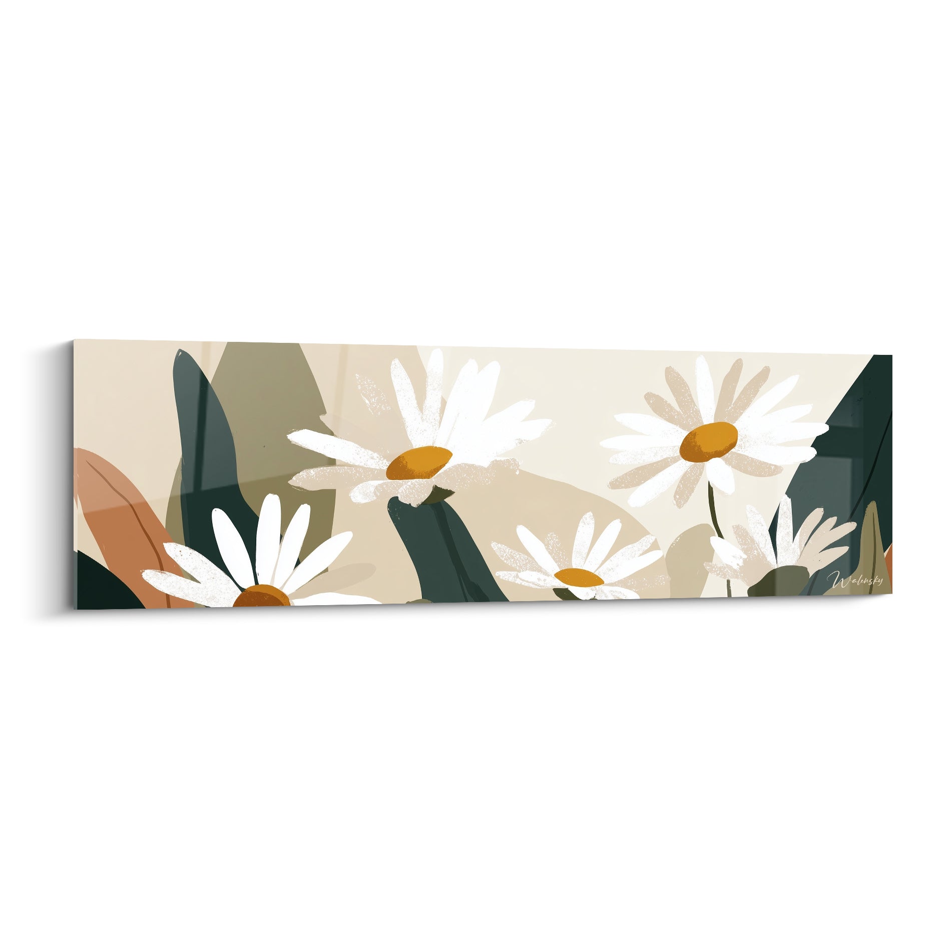 Marguerites blanches aux cœurs orangés se déploient sur fond beige et feuillages vert sapin illustrés