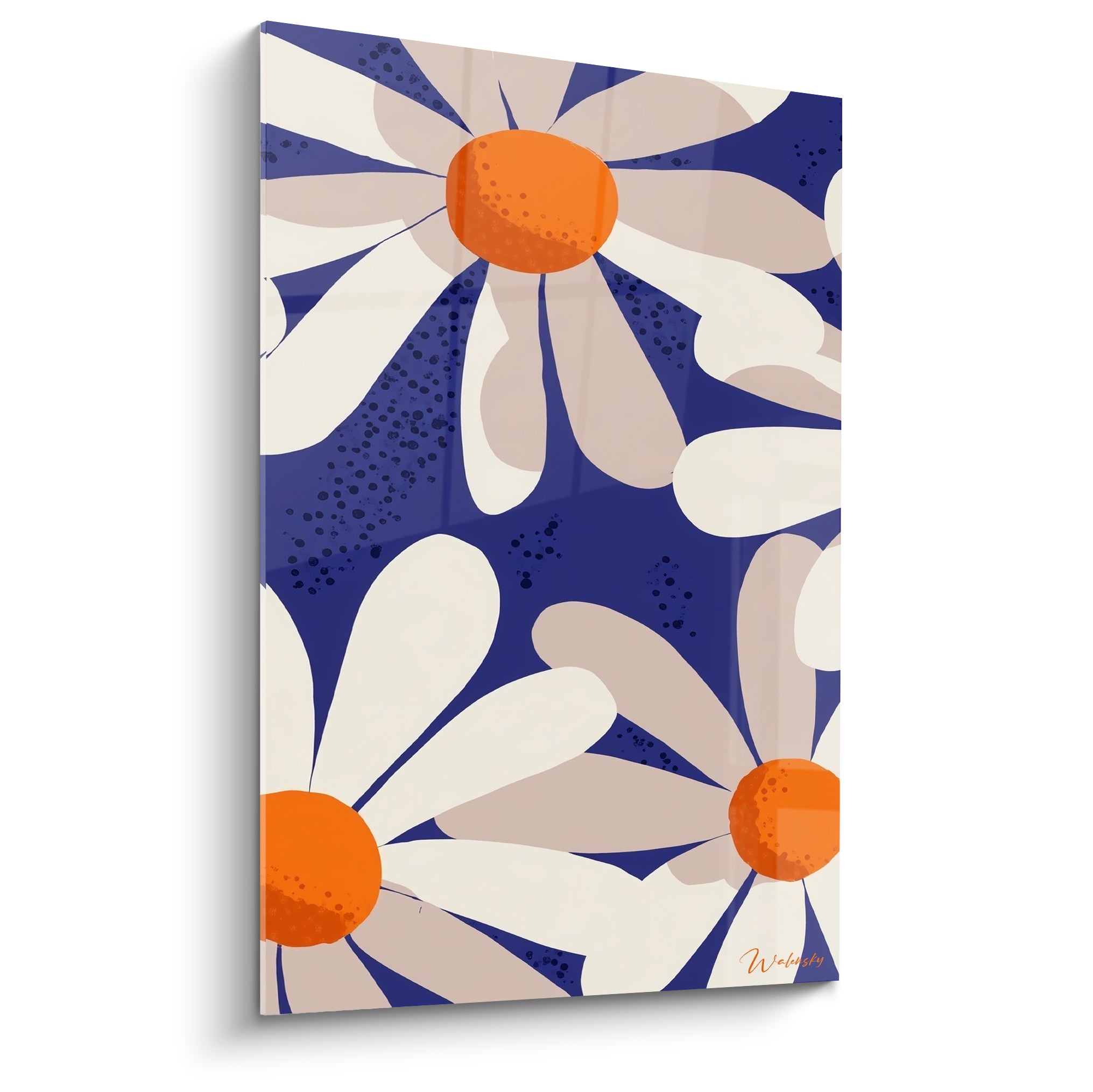 Marguerites blanches aux cœurs orange sur fond bleu marine, style graphique aux aplats francs