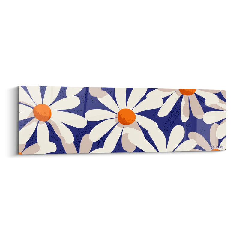 Tableau Marguerites blanches et bleu marine à fond moucheté - Cœurs orange vif - Edition Marguerite
