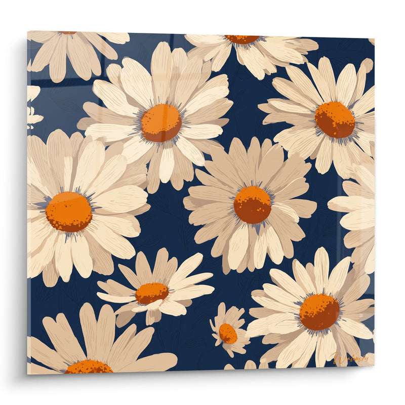 Tableau Marguerites crème et bleu marine à motif discret - Feuillage en filigrane - Edition Marguerite