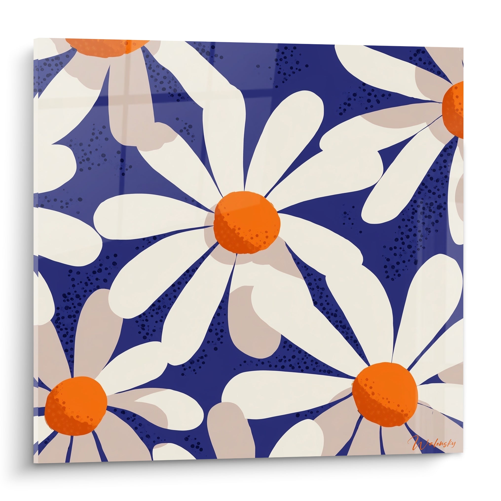 Marguerite blanche et bleu marine en aplats graphiques, cœurs orange vif éclatants