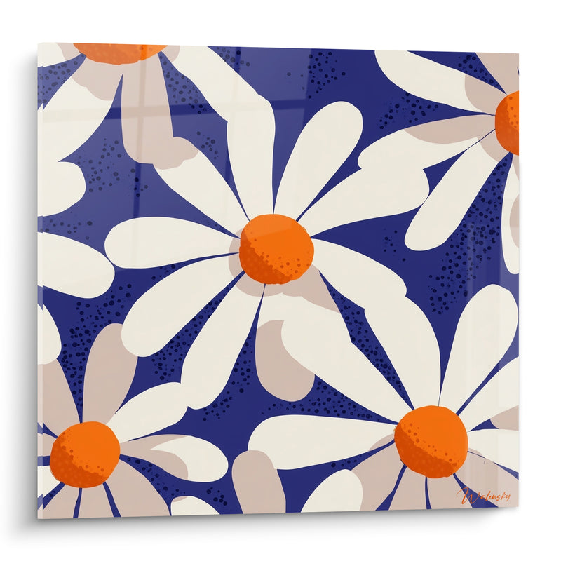 Tableau Marguerites blanches et bleu indigo mouchetées - Ombres pétales beiges - Edition Marguerite