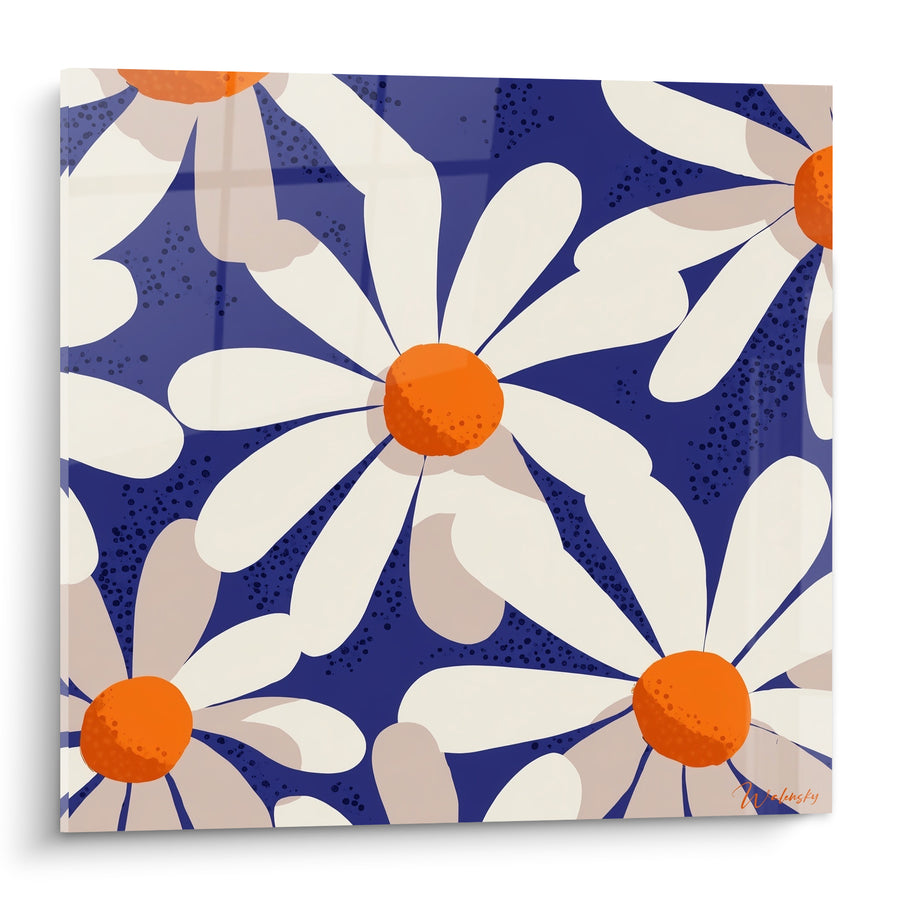 Tableau Marguerites blanches et bleu indigo mouchetées - Ombres pétales beiges - Edition Marguerite