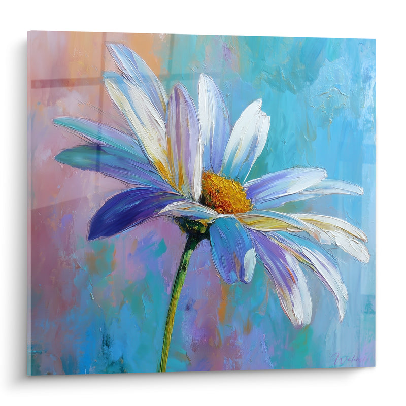 Tableau Marguerite mauve et turquoise aux pétales tourbillonnants - Fleur unique inclinée - Edition Marguerite