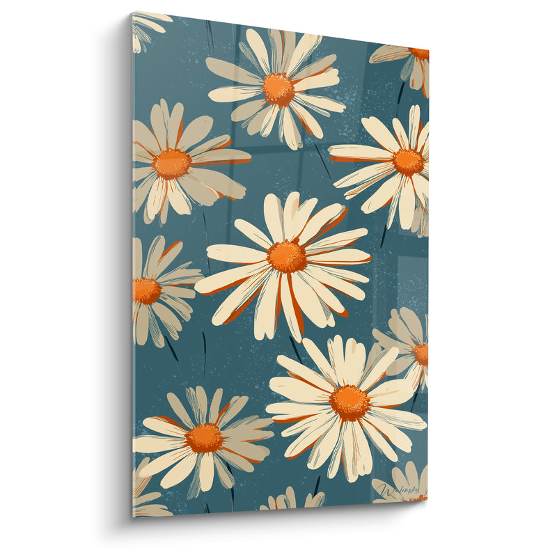 Tableau Marguerites crème et bleu pétrole aux liserés roux - Fines tiges noires - Edition Marguerite