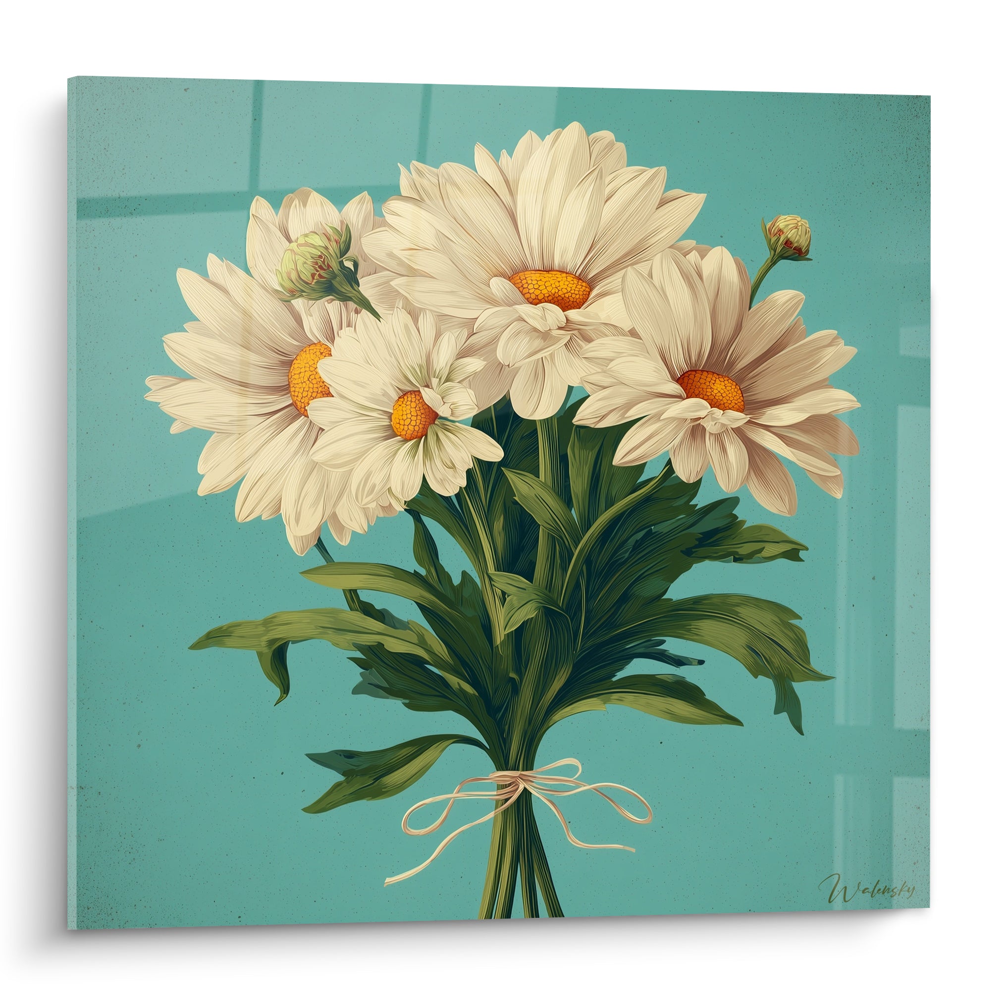 Bouquet de marguerites blanches aux cœurs orangés noué d'un ruban sur fond turquoise texturé