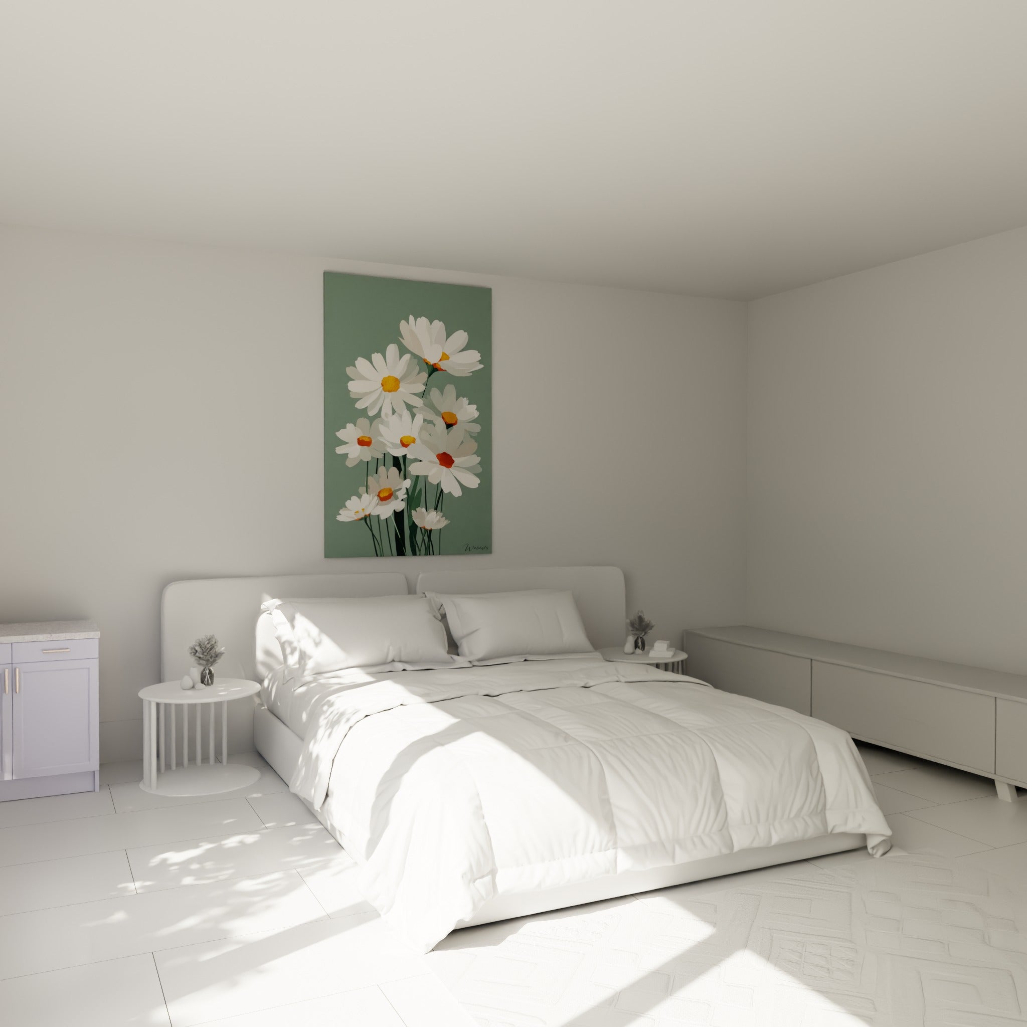 Bouquet de marguerites blanches et orangées accroché au-dessus d'un lit dans une chambre claire
