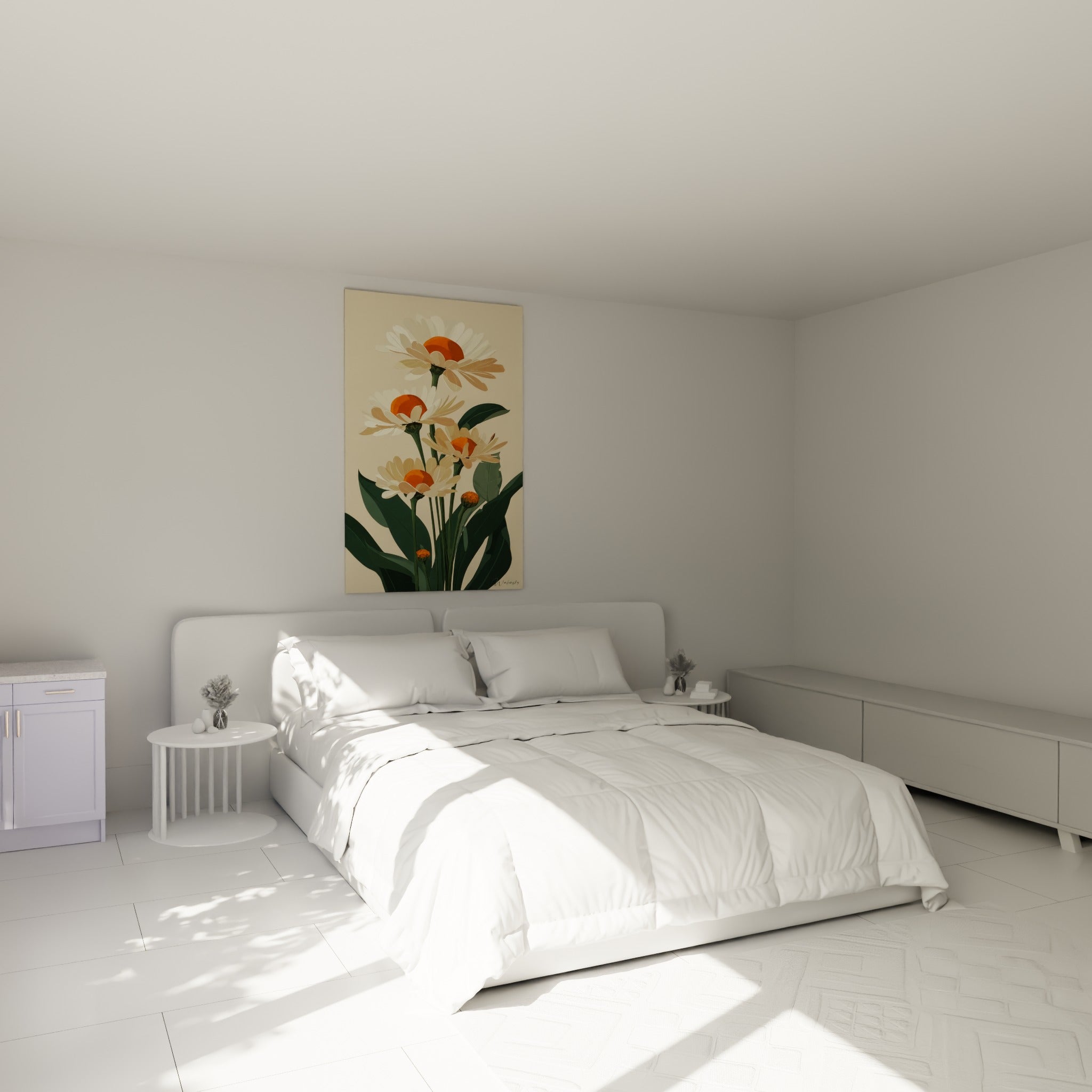 Bouquet de marguerites orange et blanc au-dessus d'un lit dans une chambre claire