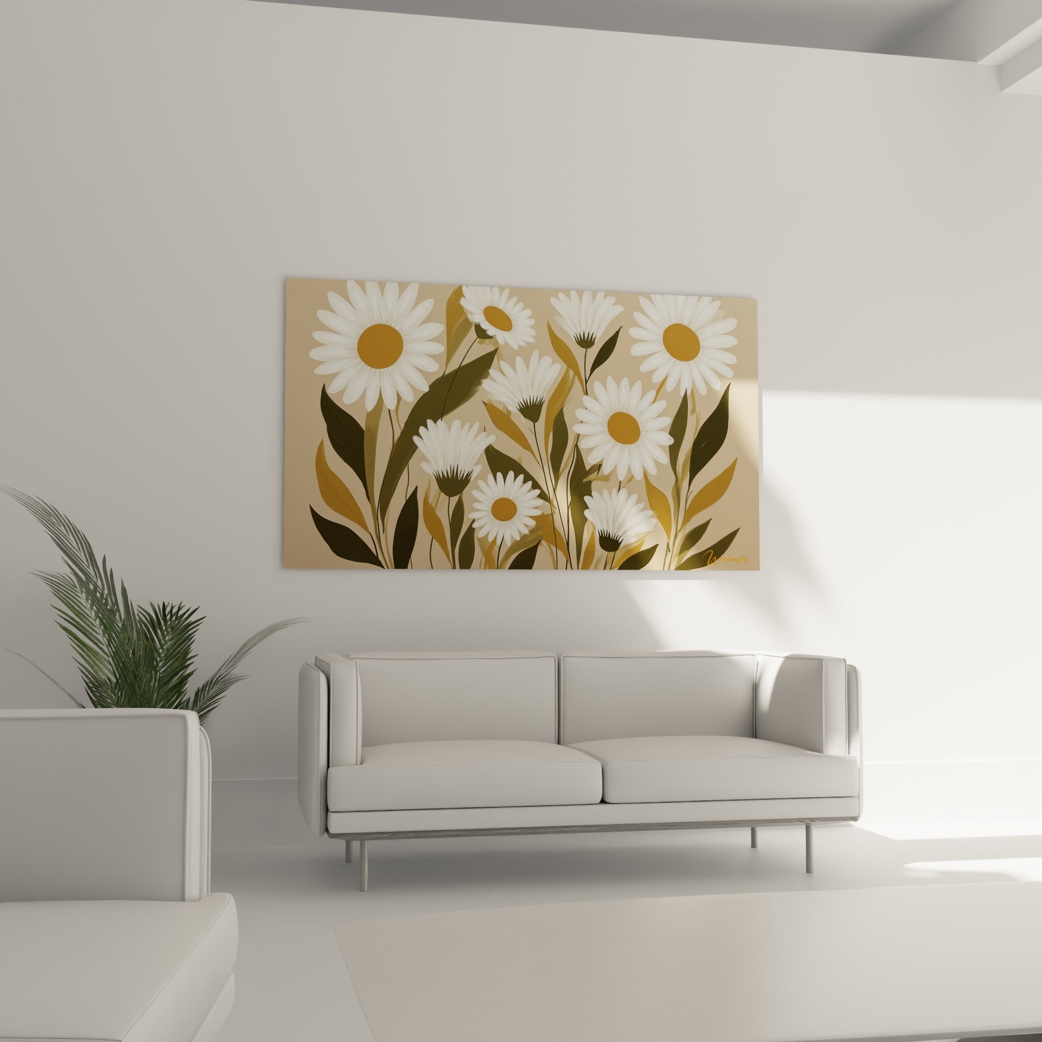 Marguerites blanches à cœurs dorés au-dessus d'un canapé dans un salon lumineux