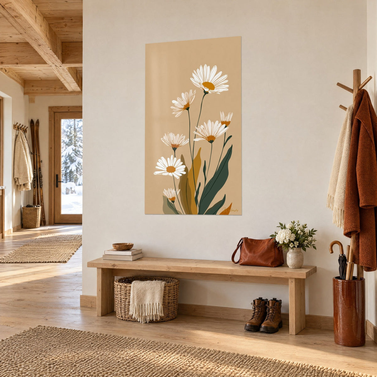 Quadro bouquet di margherite color crema su sfondo beige, grandi foglie verde abete, ingresso in legno chiaro dello chalet