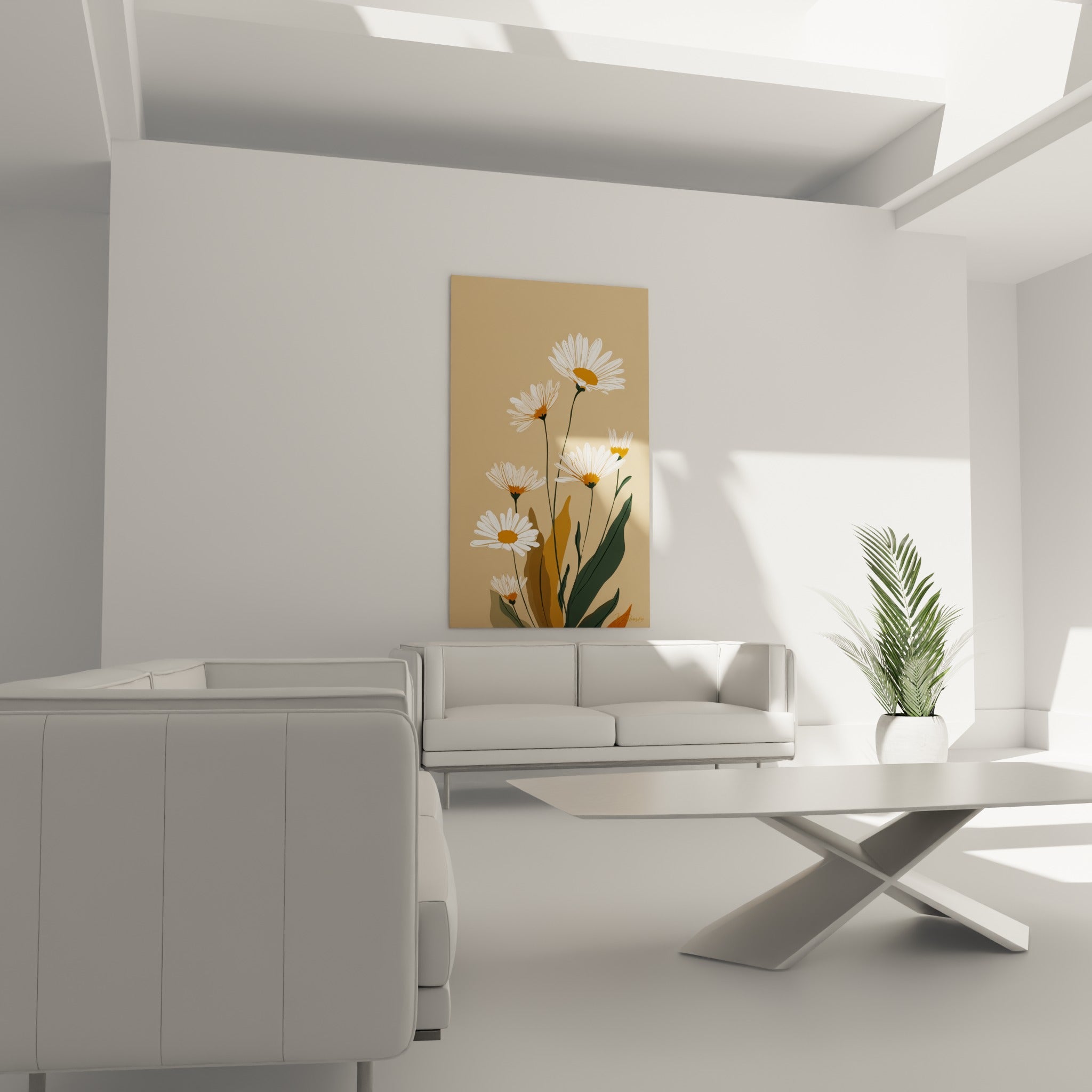 Fleurs de marguerite blanches sur fond beige placées au-dessus d'un canapé dans un salon lumineux