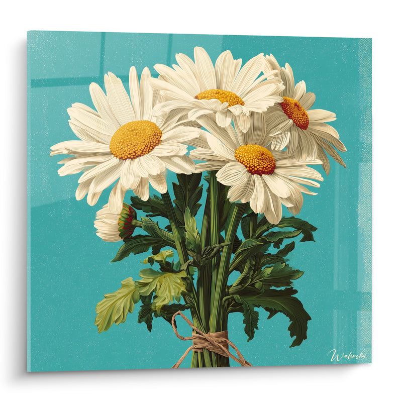 Tableau Bouquet blanc et turquoise noué de raphia - Cueillette du matin - Edition Marguerite