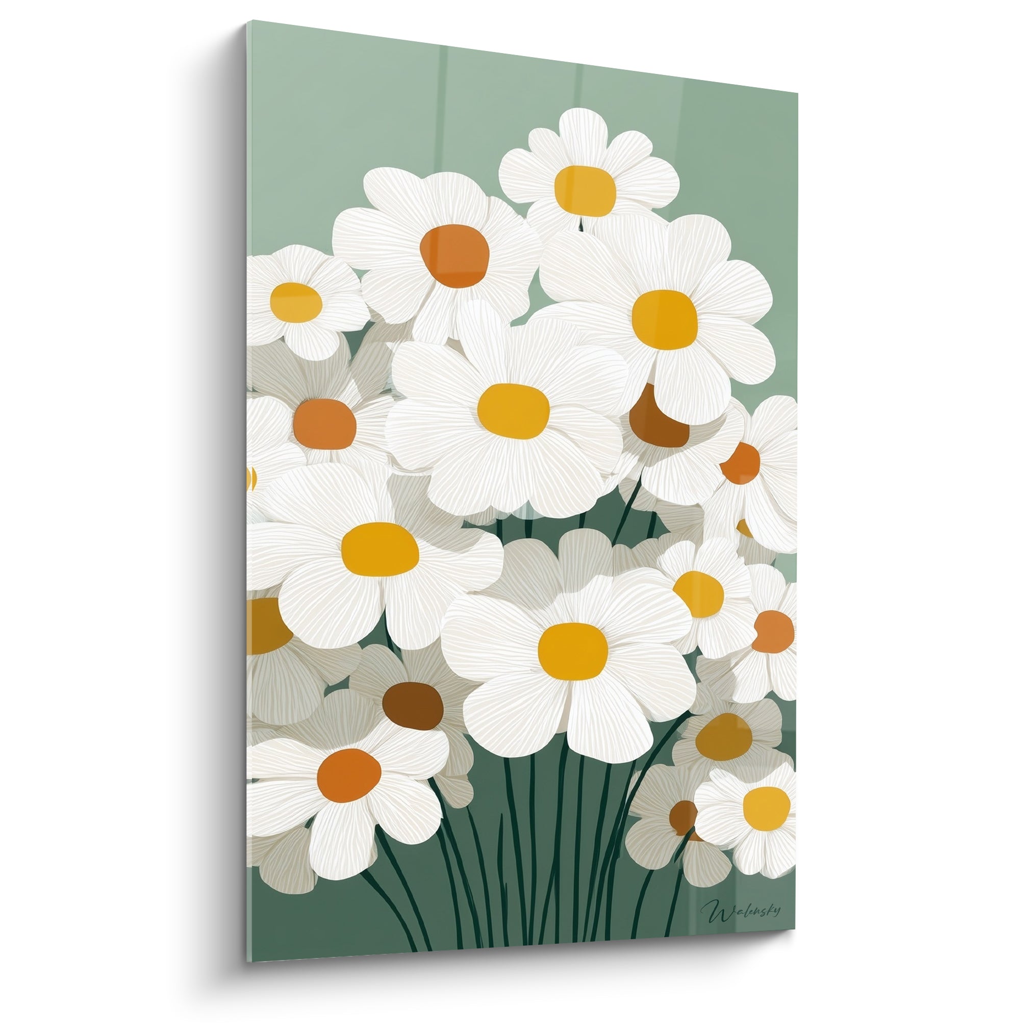 Marguerites blanches aux cœurs ocre et safran sur fond vert sauge, style graphique épuré
